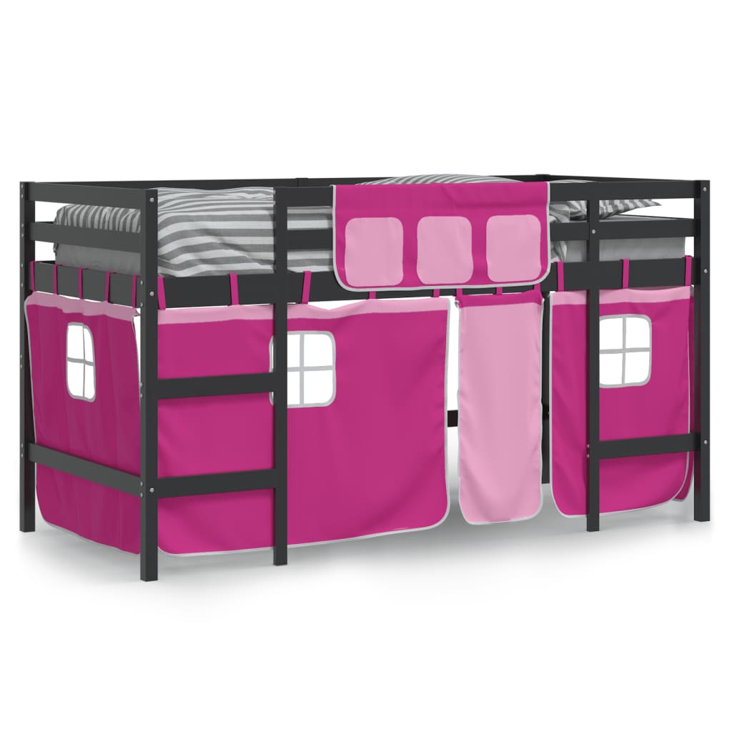 vidaXL Kinderhoogslaper met gordijnen 90x190 cm grenenhout roze afbeelding