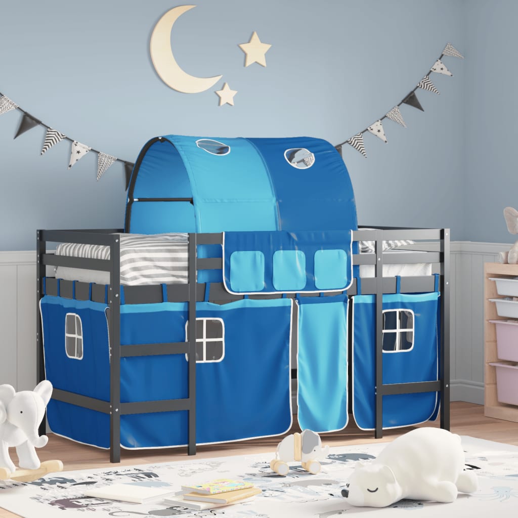 Dětská patrová postel se závěsy modrá 90 x 200 cm borovice