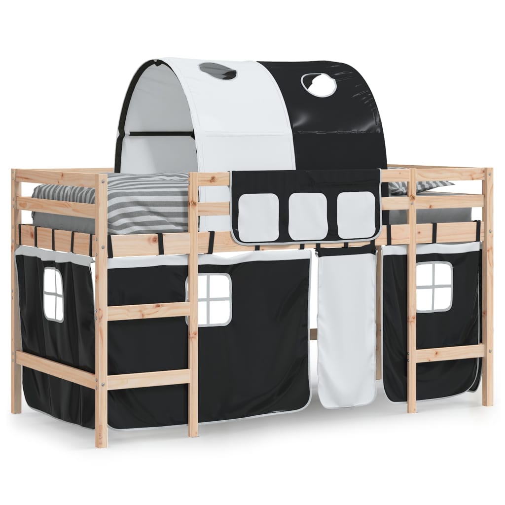 vidaXL Kinderhoogslaper met tunnel 90x190 cm grenenhout wit en zwart afbeelding