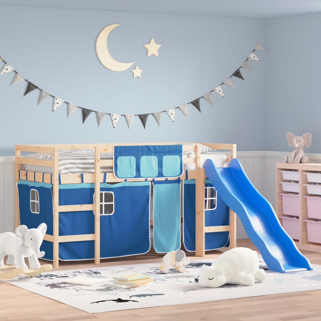 Dětská patrová postel se závěsy modrá 90 x 190 cm borovice