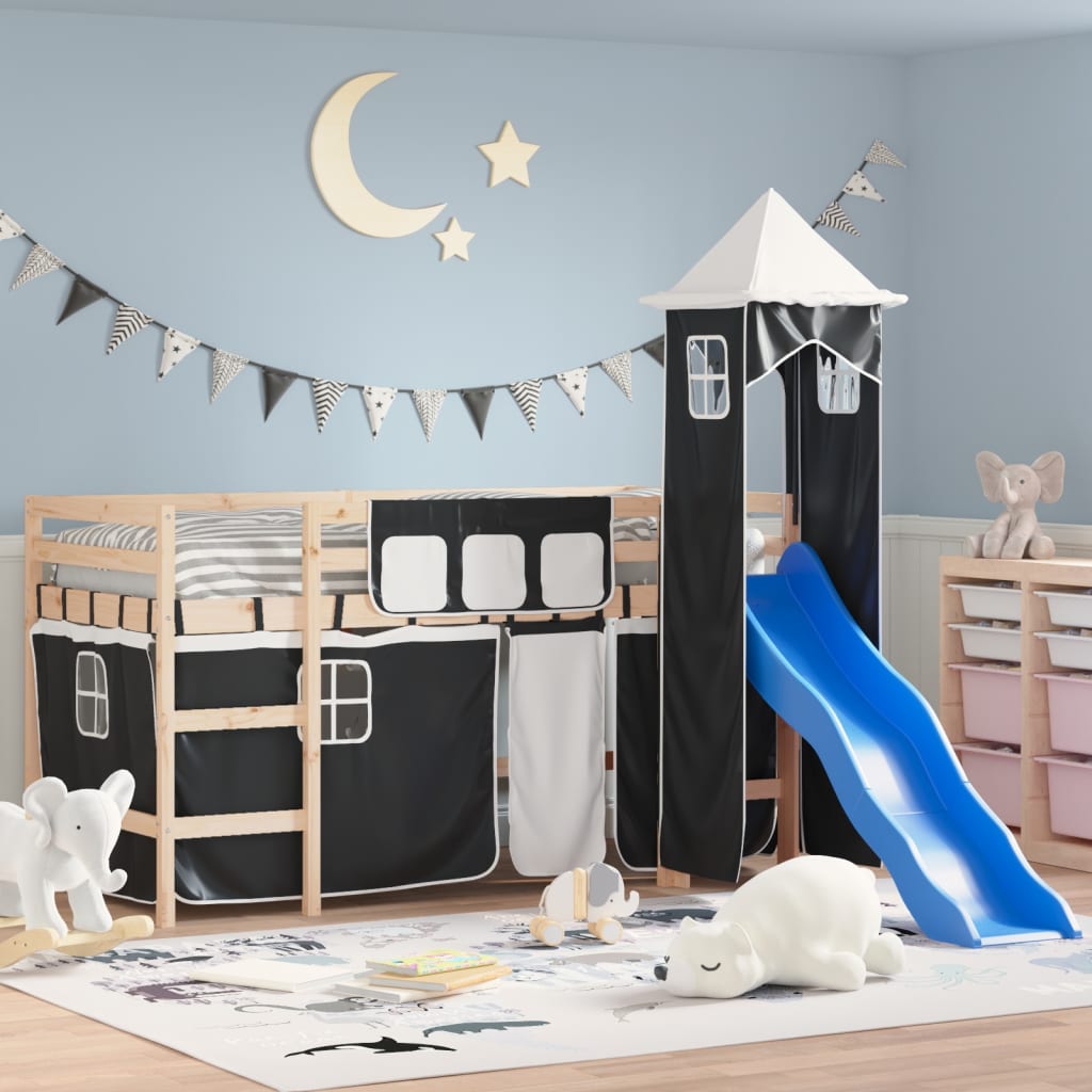 Dětská patrová postel s věží bílá a černá 80 x 200 cm borovice