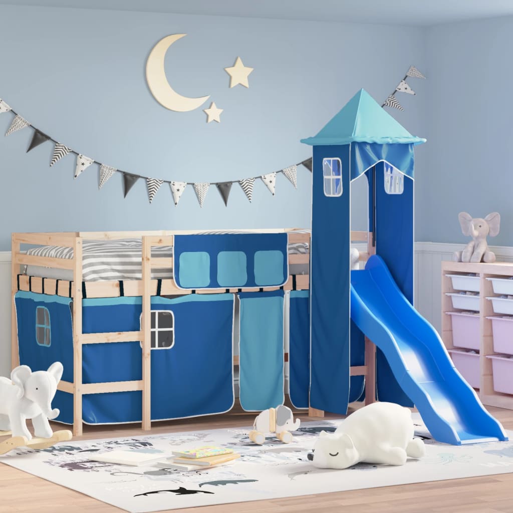 Kinderhochbett mit Turm Blau 80×200 cm Massivholz Kiefer