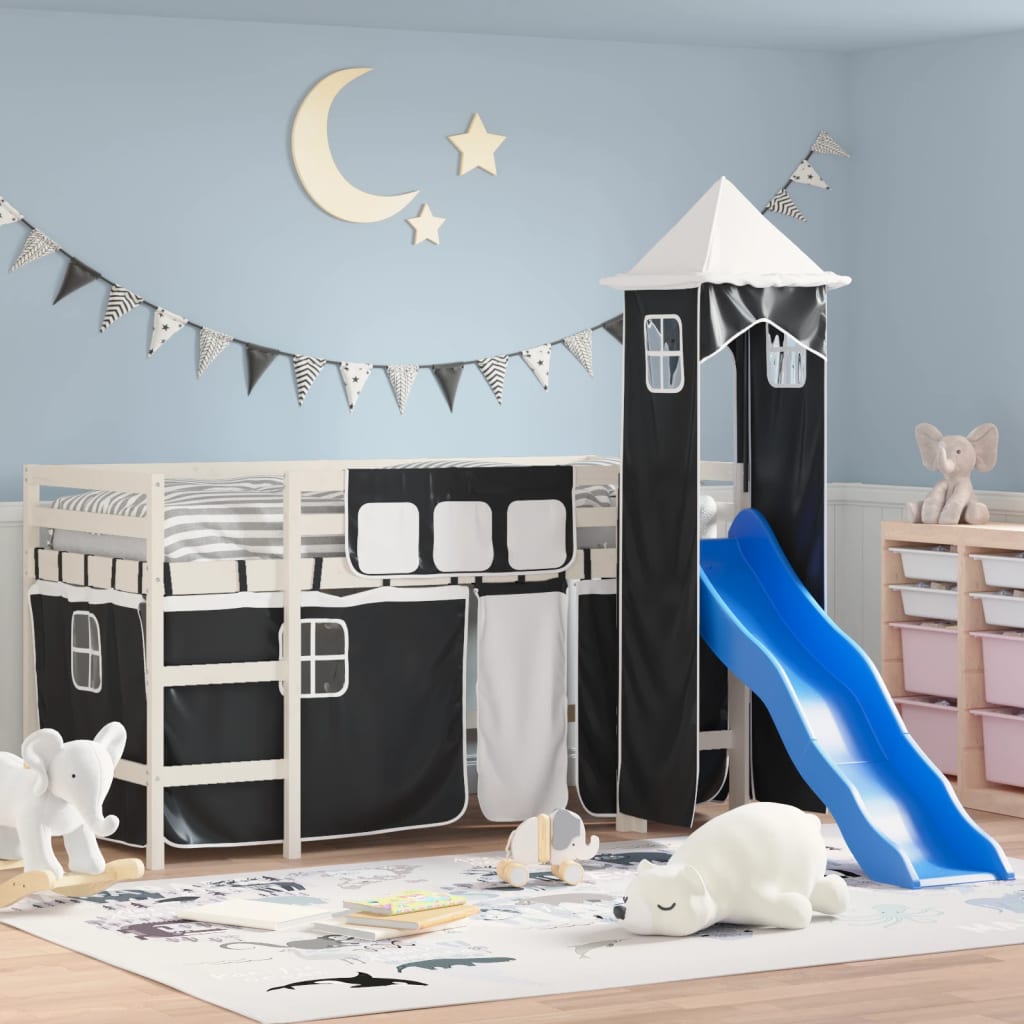 Dětská patrová postel s věží bílá a černá 80 x 200 cm borovice