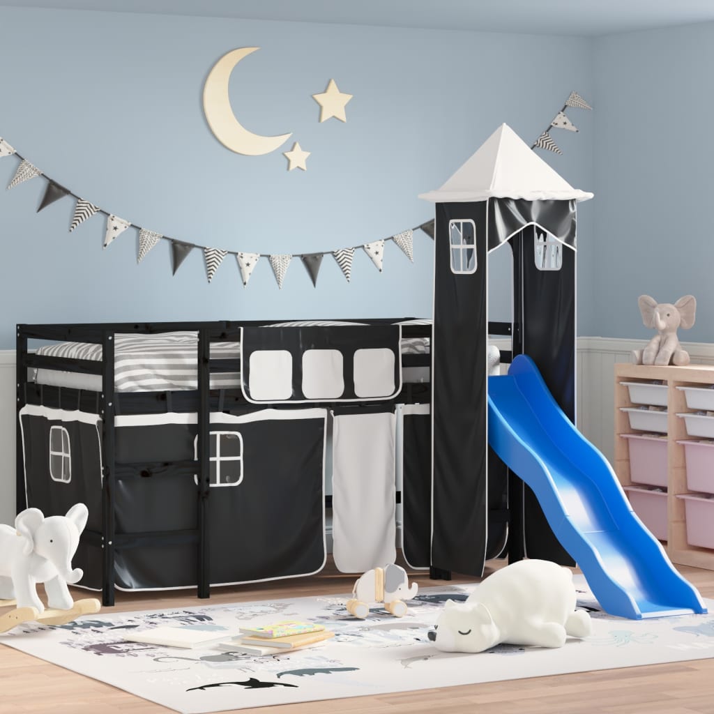 vidaXL Kinderhochbett mit Turm Weiß & Schwarz 80x200 cm Kiefernholz