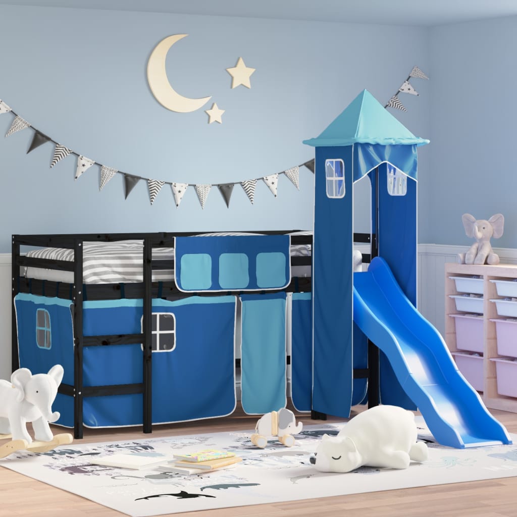 Dětská patrová postel s věží modrá 80 x 200 cm masiv borovice