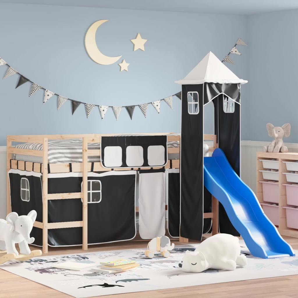 Dětská patrová postel s věží bílá a černá 90 x 200 cm borovice