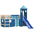 Lit Mezzanine Enfant Avec Tunnel Et Rideaux - Bois Pin Massif, 90x200 Cm, Espace Rangement Dessous