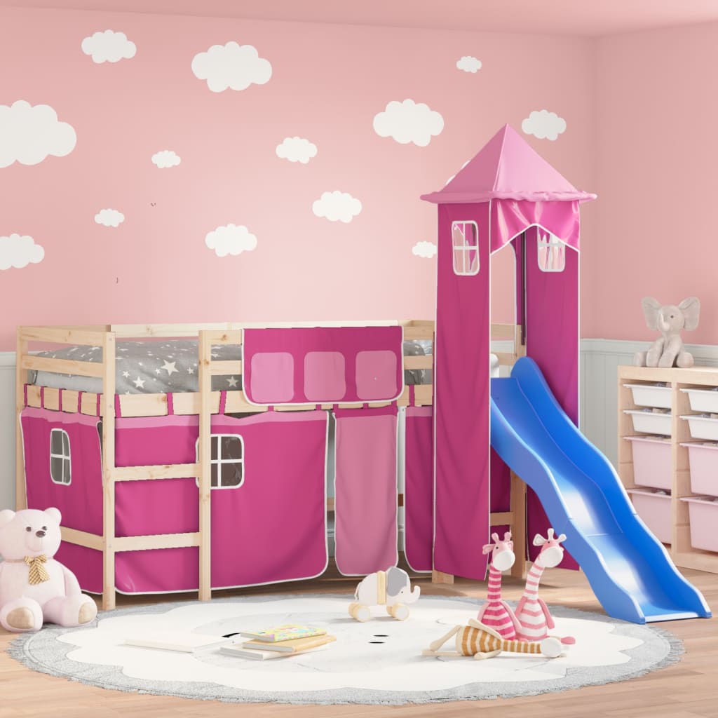 vidaXL Pat etajat de copii cu turn, roz, 90x190 cm, lemn masiv pin