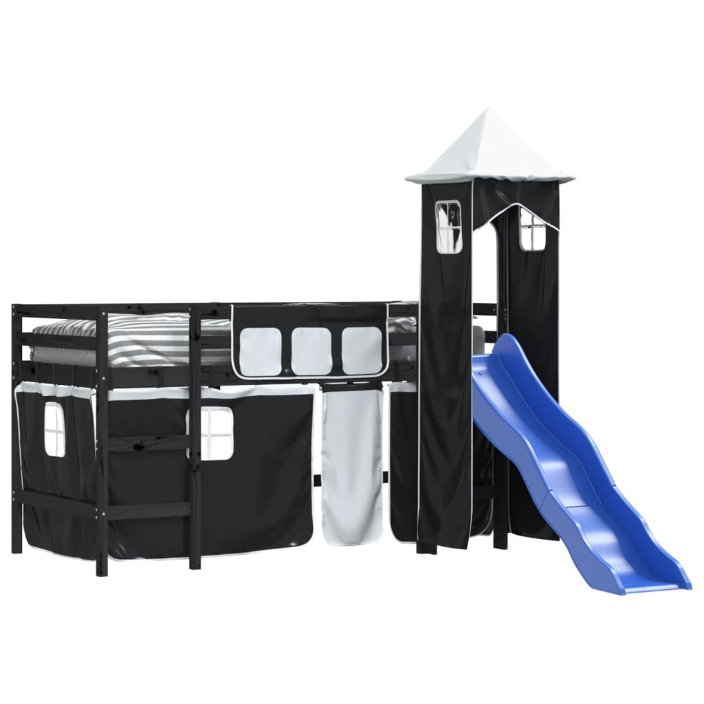 vidaXL Kinderhoogslaper met toren 90x190 cm grenenhout wit en zwart afbeelding