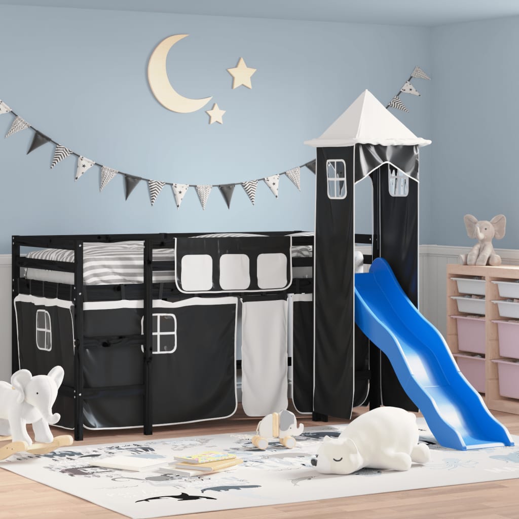 vidaXL Kinderhochbett mit Turm Weiß & Schwarz 90x190 cm Kiefernholz