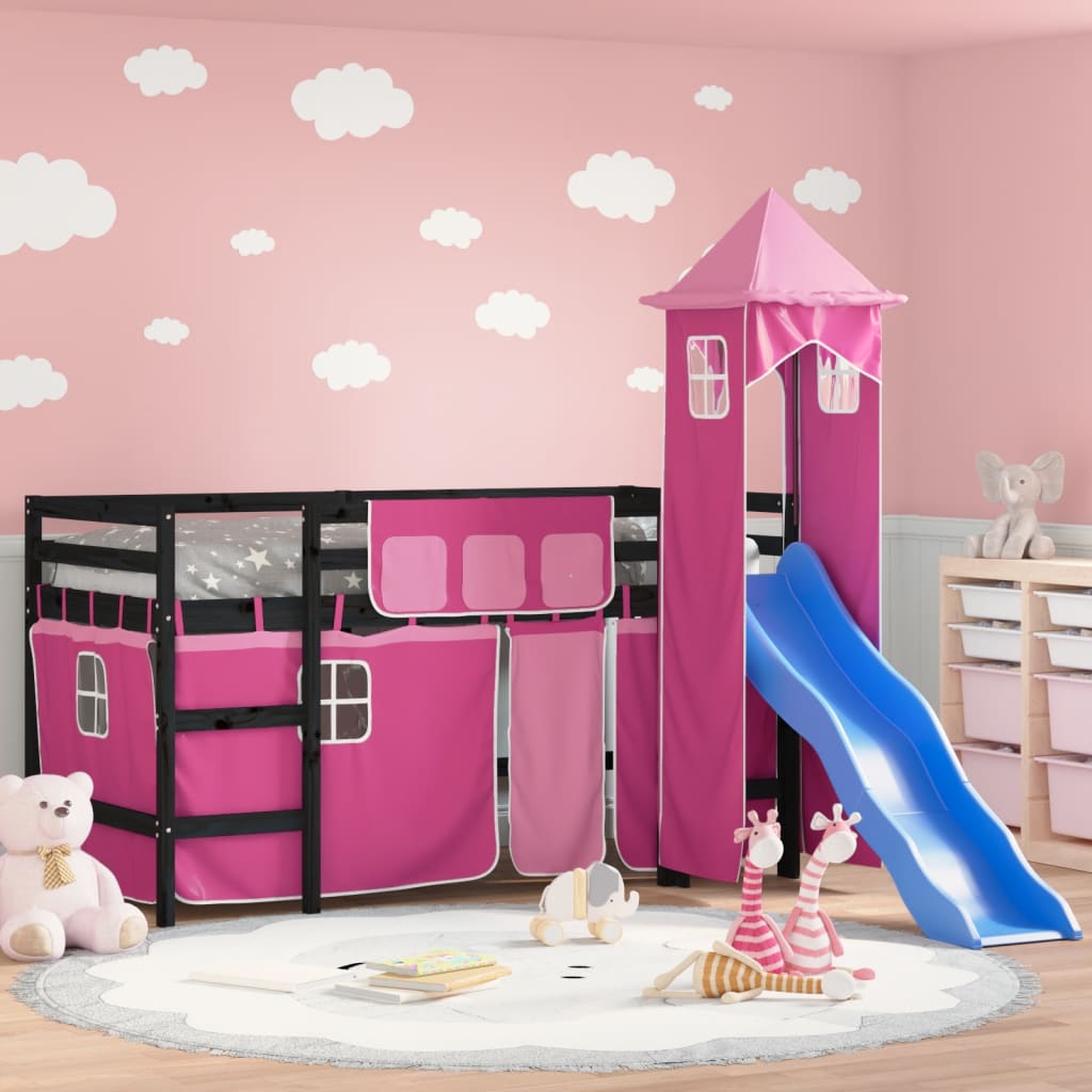 Dětská patrová postel s věží růžová 90 x 190 cm masiv borovice