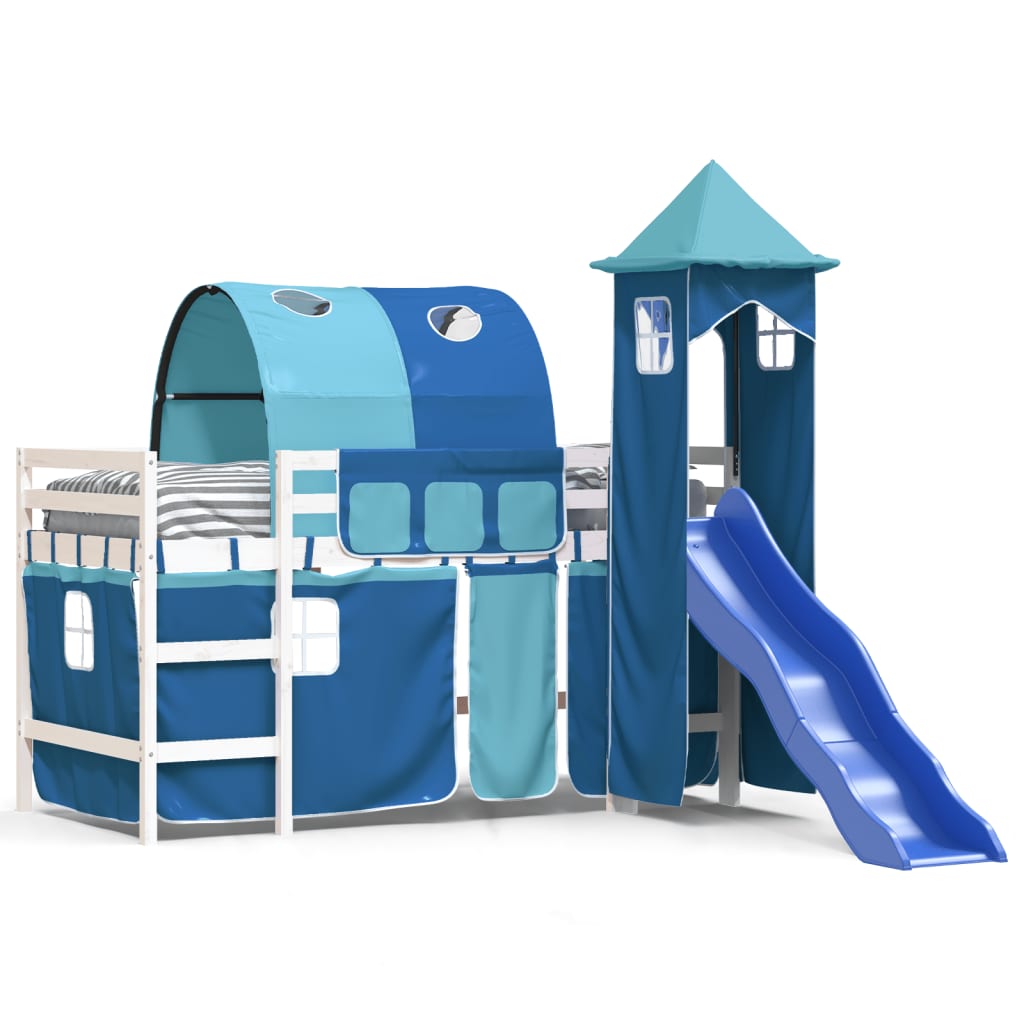 Pat etajat de copii cu turn albastru 80×200 cm lemn masiv pin
