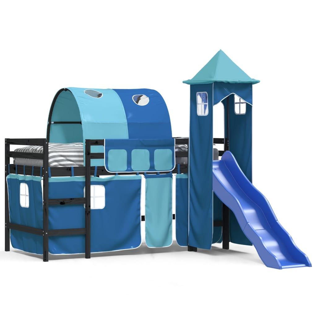 Pat etajat de copii cu turn albastru 80×200 cm lemn masiv pin