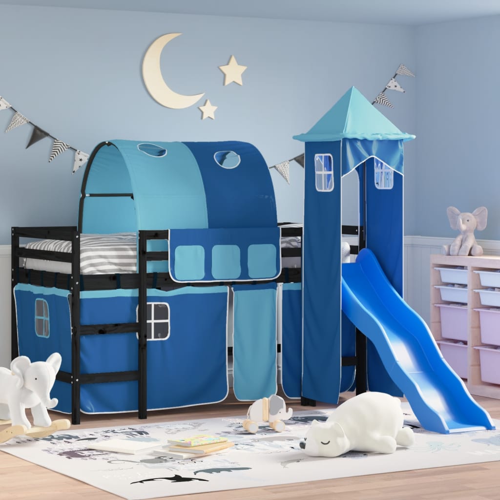 Dětská patrová postel s věží modrá 80 x 200 cm masiv borovice