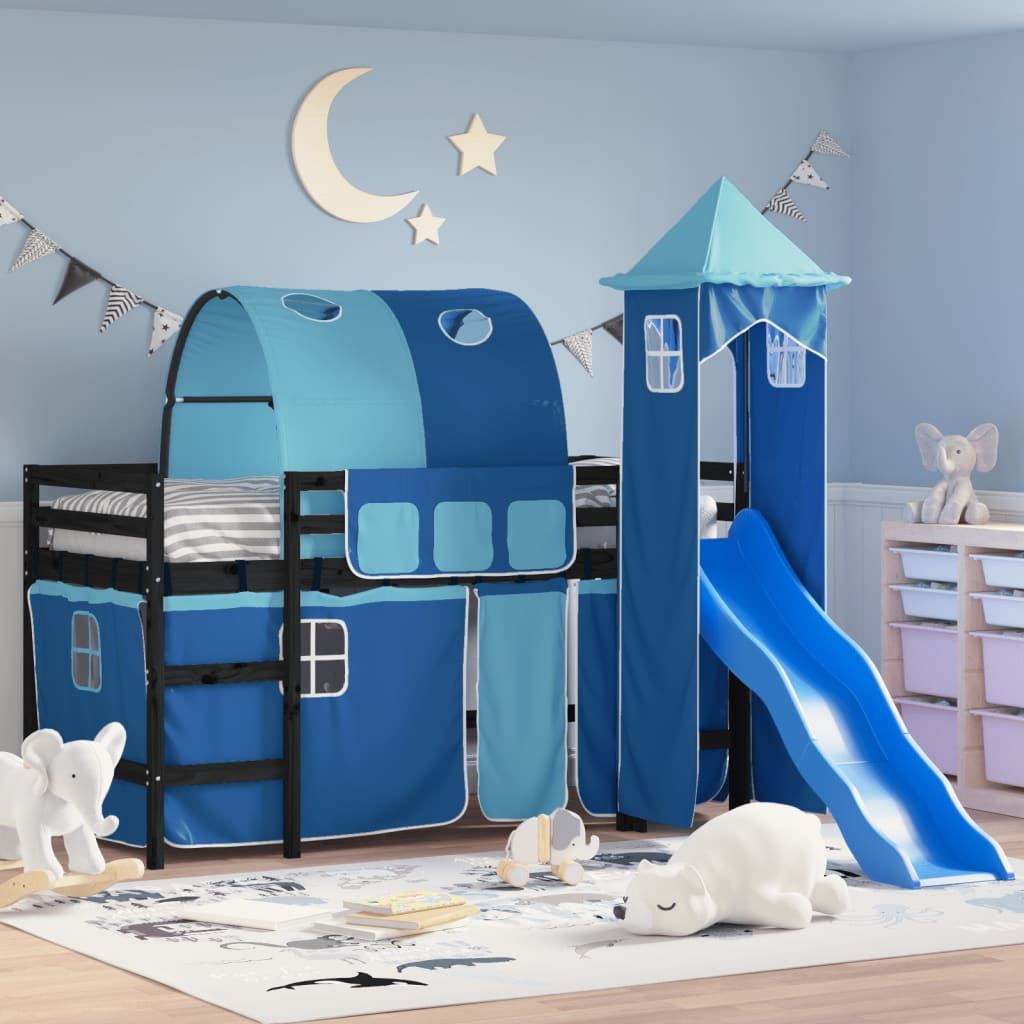 vidaXL Kinderhochbett mit Turm Blau 80x200 cm Massivholz Kiefer