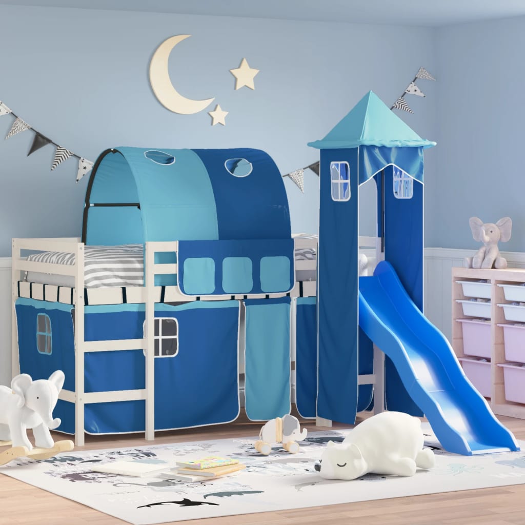 Kinderhochbett mit Turm Blau 90×200 cm Massivholz Kiefer