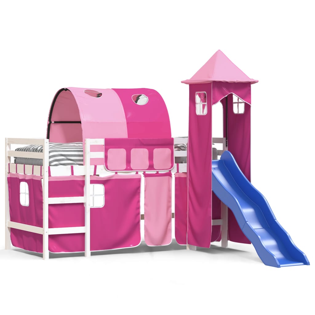 Pat etajat de copii cu turn, roz, 90×200 cm, lemn masiv pin