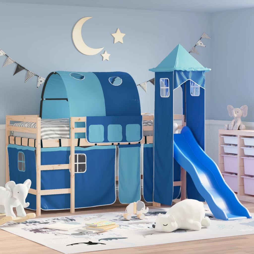 Dětská patrová postel s věží modrá 90 x 190 cm masivní borovice