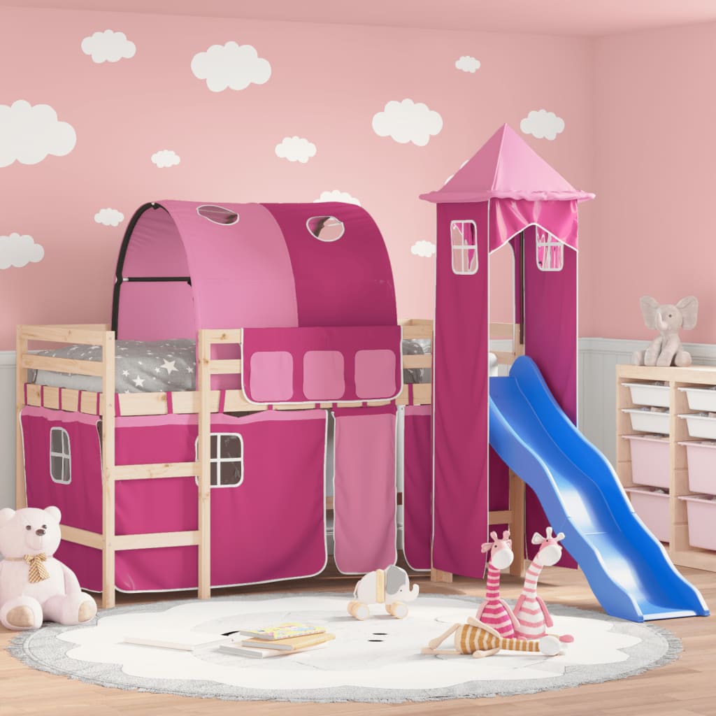 Dětská patrová postel s věží růžová 90 x 190 cm masiv borovice