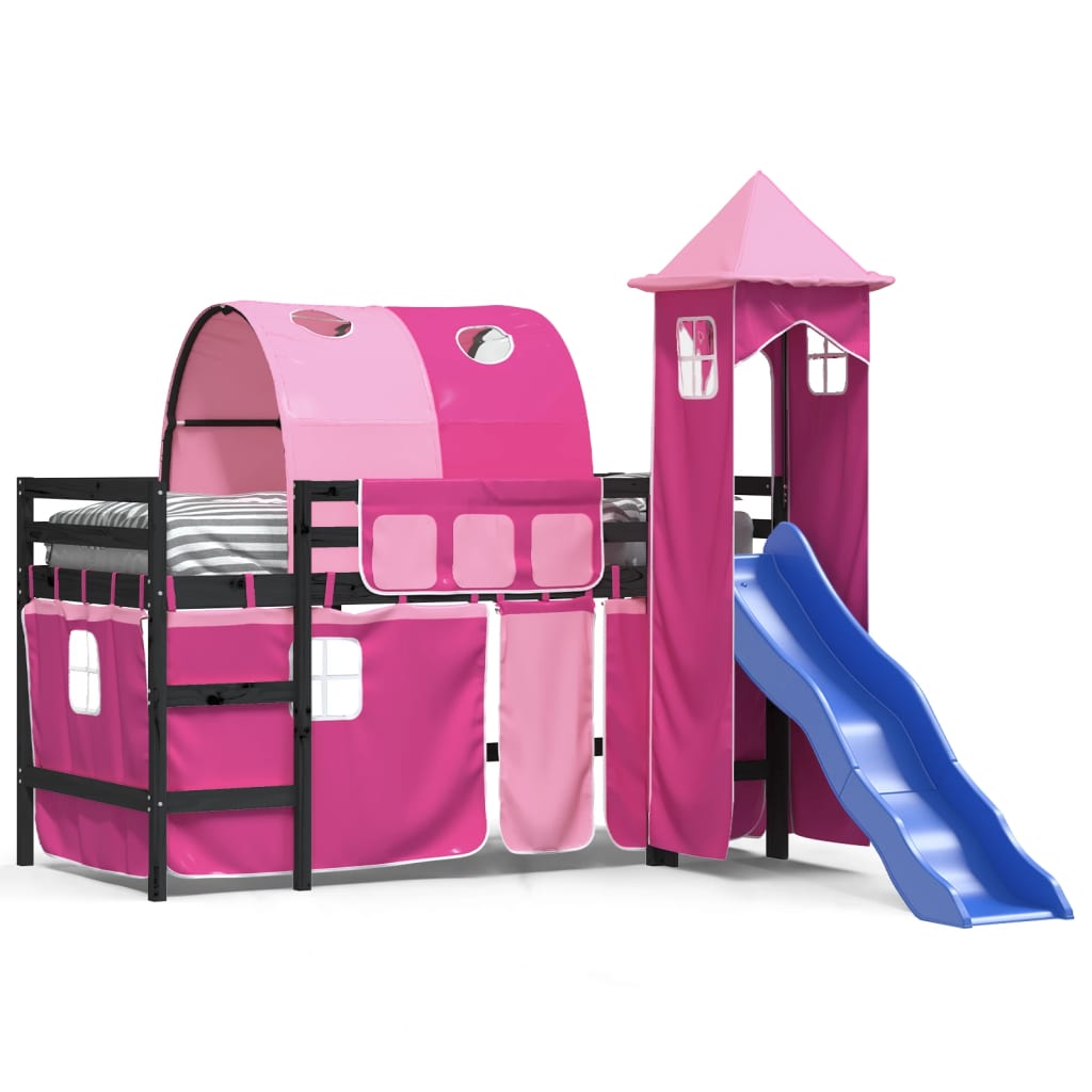 Pat etajat de copii cu turn, roz, 90×190 cm, lemn masiv pin