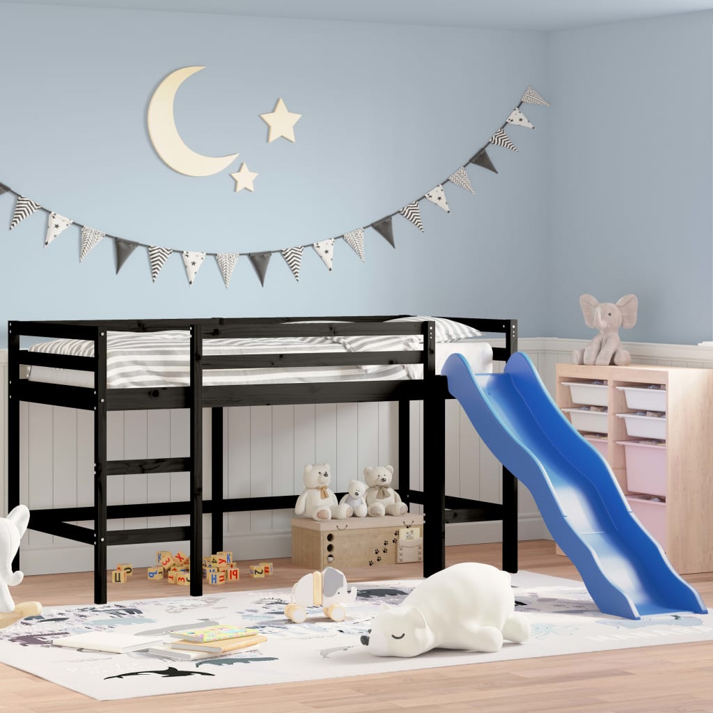 Dětská patrová postel se skluzavkou černá 90x200cm borové dřevo