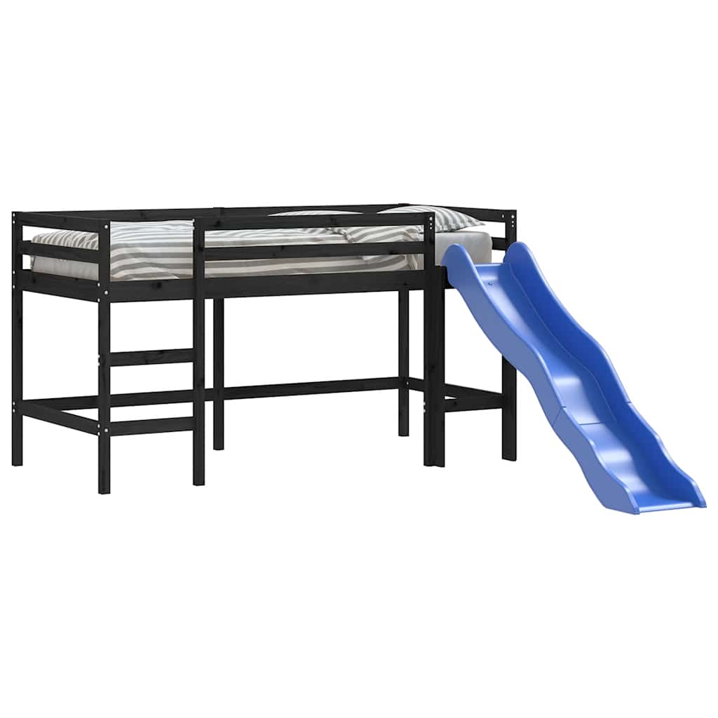 vidaXL Pat pentru copii cu tobogan, negru, 90x190 cm, lemn masiv pin