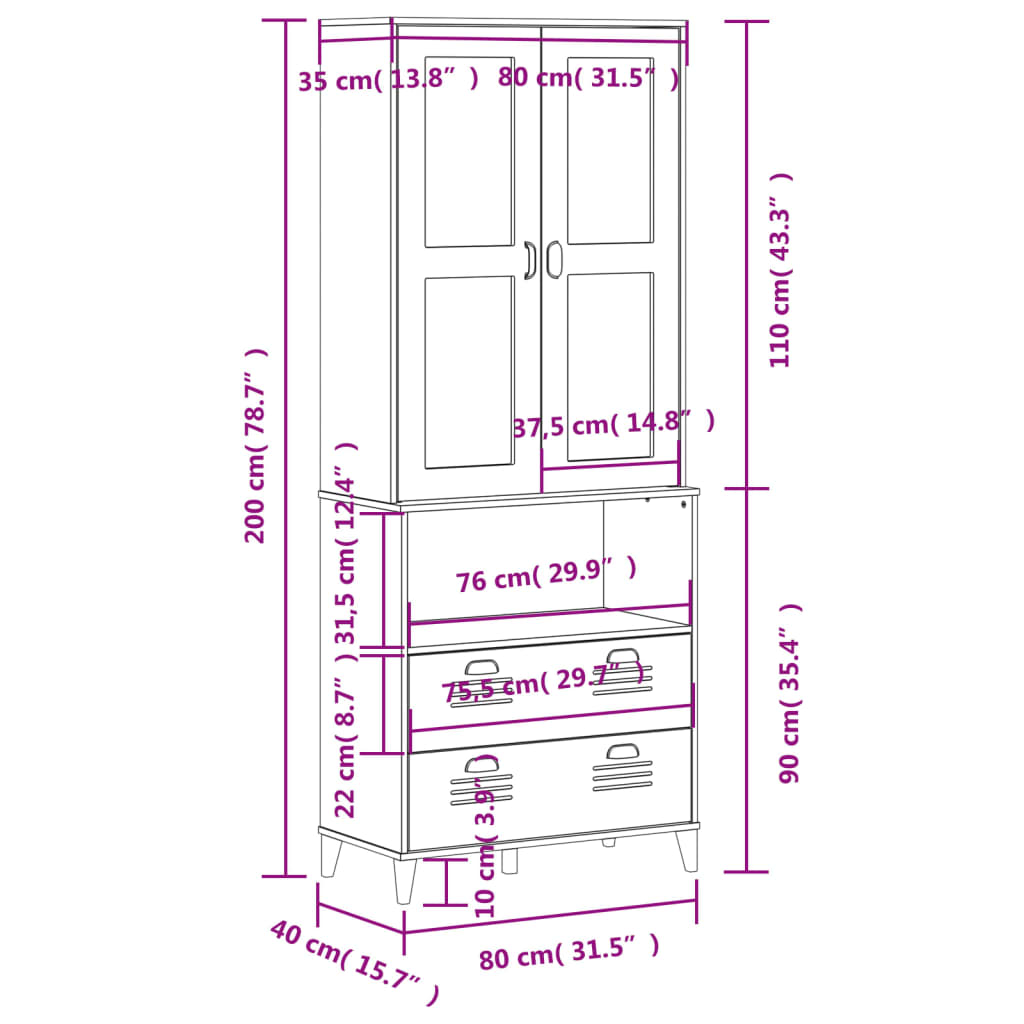 Szafka Viken biała 80x40x200 cm Lite drewno sosnowe