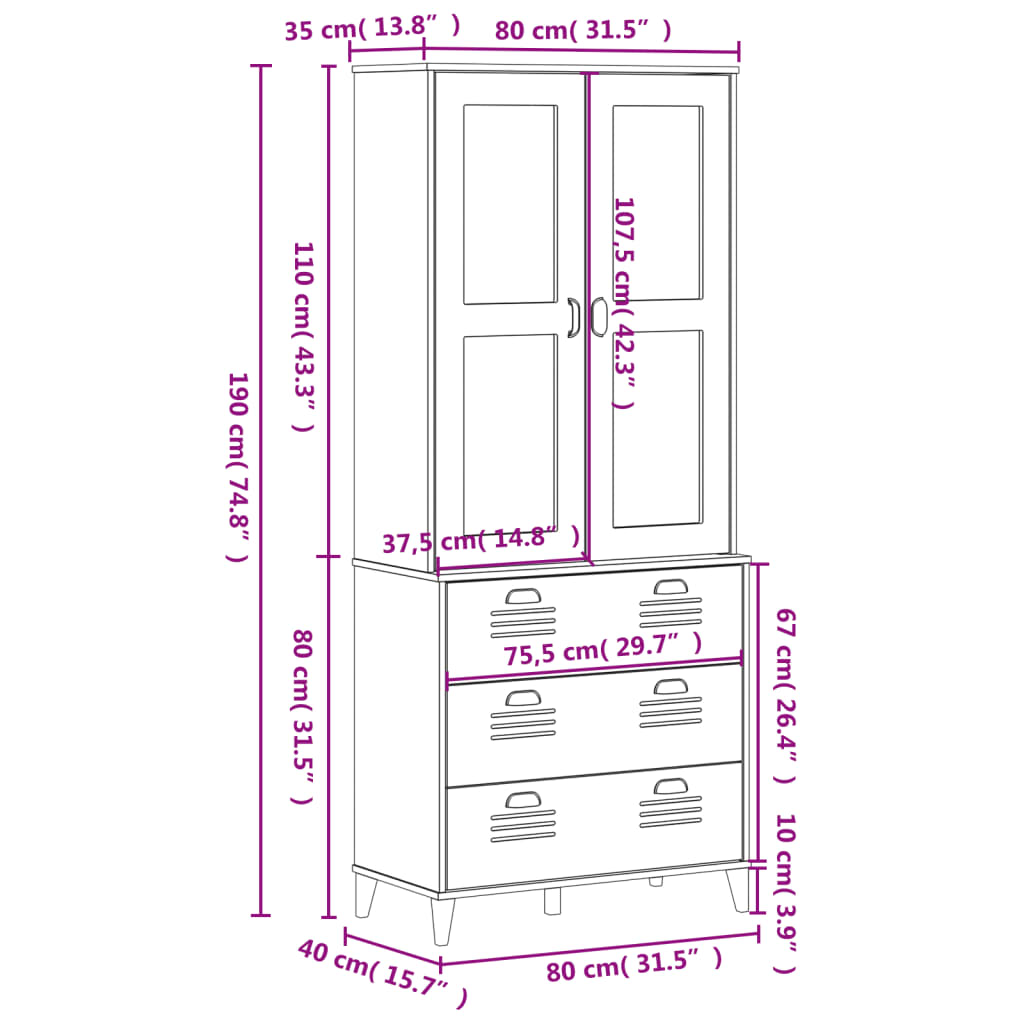 Kredens VIKEN, antracytowy, 80x40x190 cm, lite drewno sosnowe