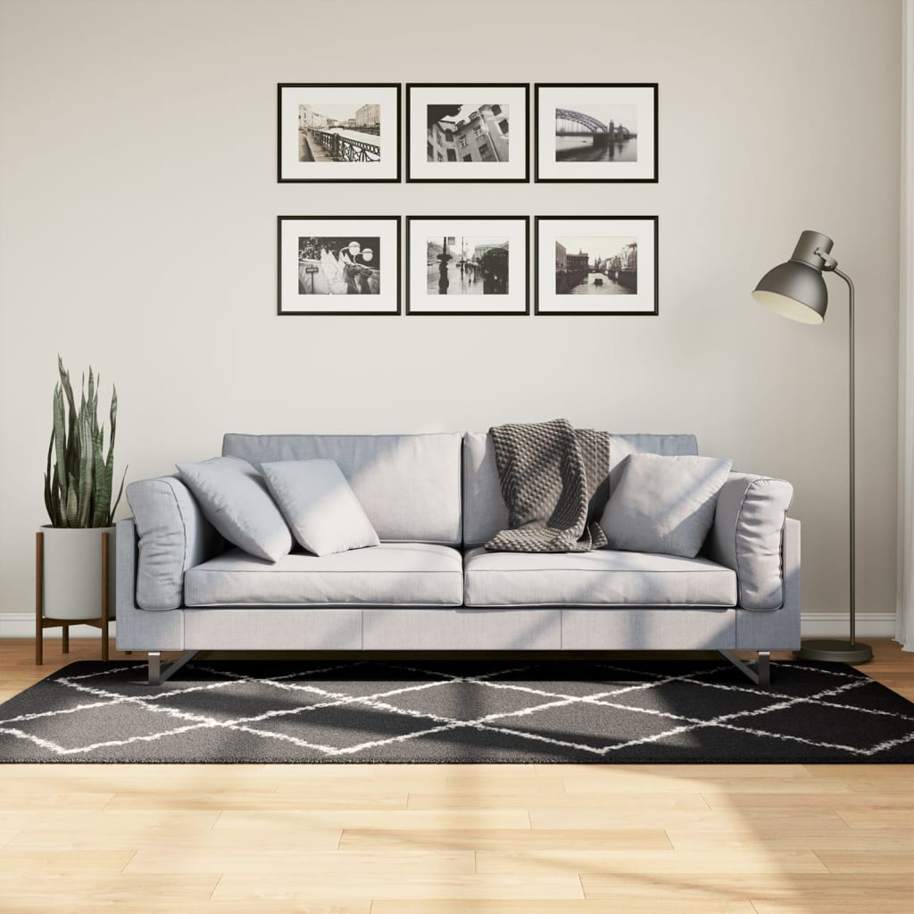 vidaXL shaggy gulvtæppe 100x200 cm høj luv sort og cremefarvet