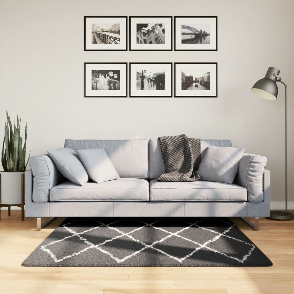 vidaXL shaggy gulvtæppe 120x120 cm høj luv sort og cremefarvet