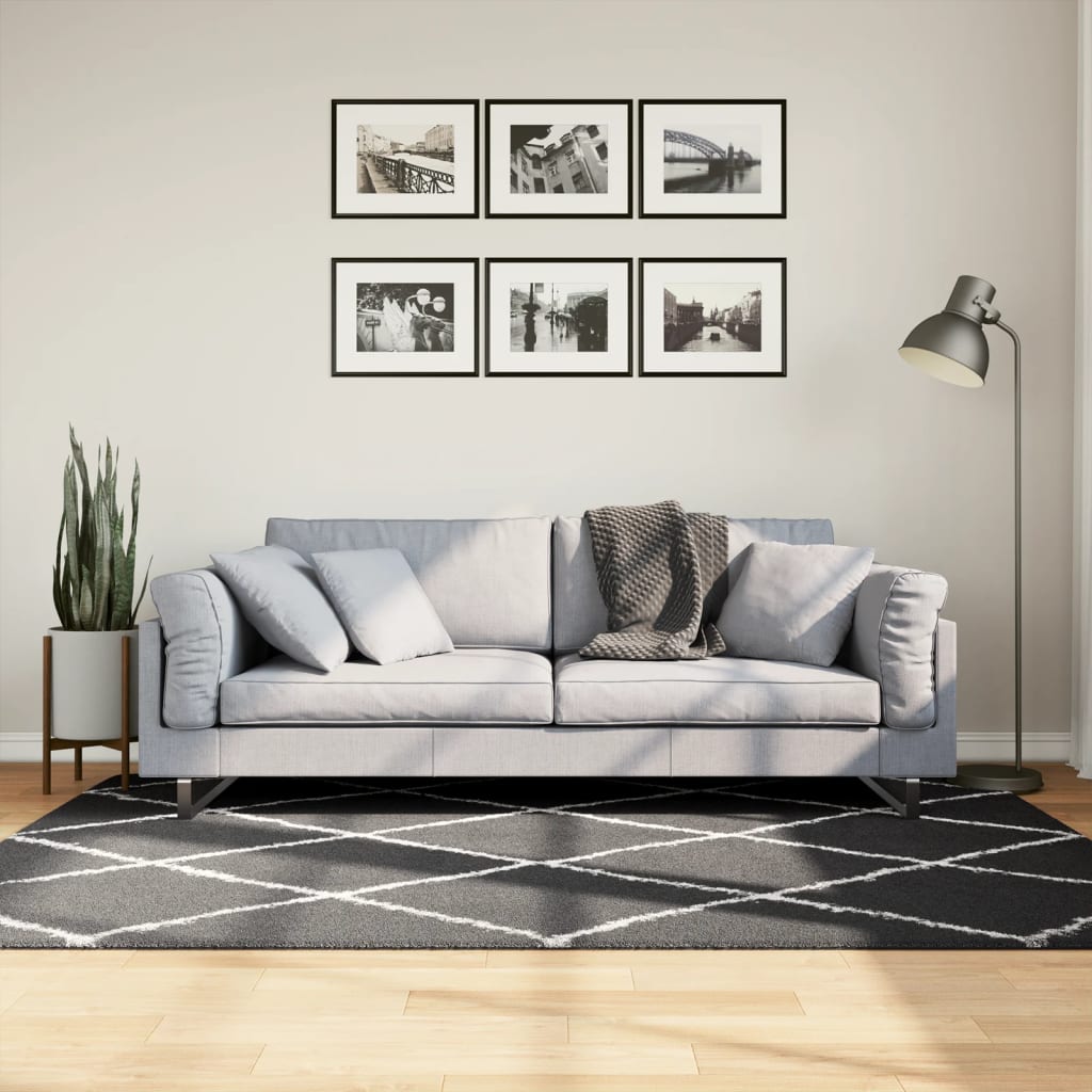 Teppich Shaggy Hochflor Modern Schwarz und Creme 140×200 cm