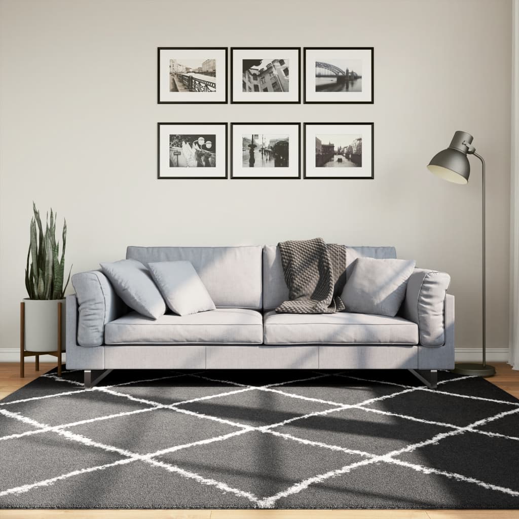 vidaXL shaggy gulvtæppe 200x200 cm høj luv sort og cremefarvet