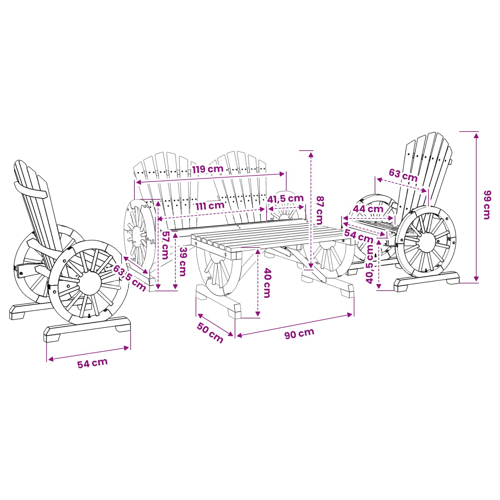4 Piece Garden Lounge Set Solid Wood Fir size guide