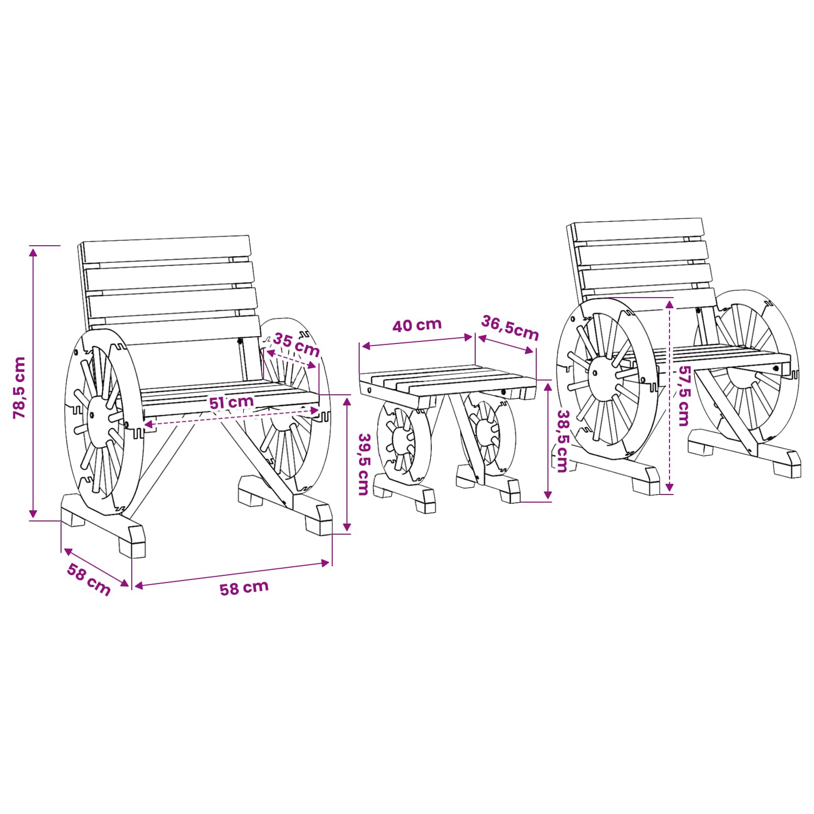 3 Piece Garden Lounge Set Solid Wood Fir size guide