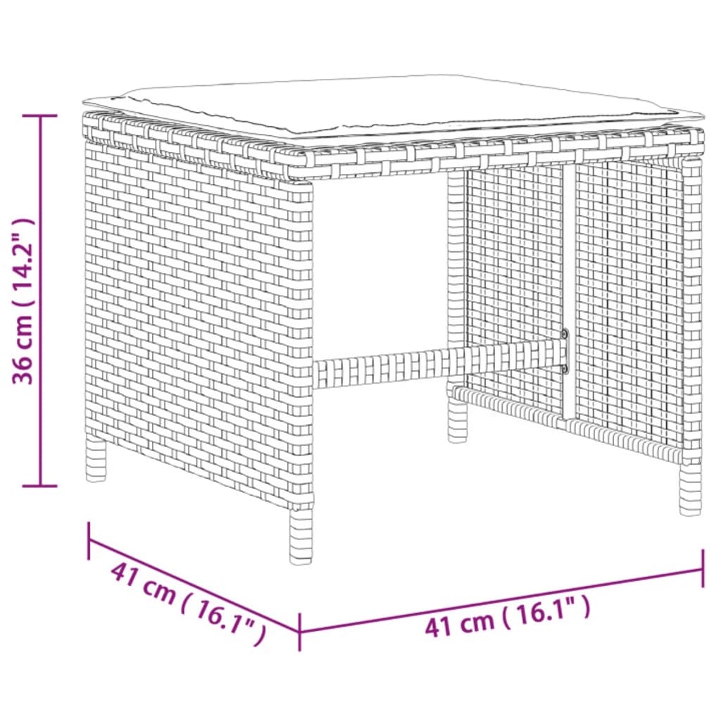  Záhradné taburetky s vankúšmi 4 ks sivé 41x41x36 cm polyratan