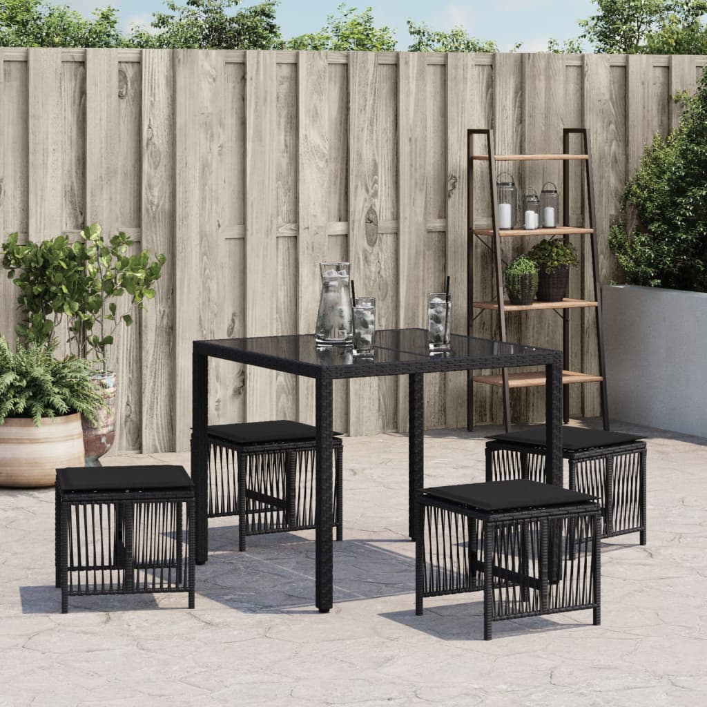 vidaXL Záhradné taburetky s vankúšmi 4 ks čierne 41x41x36 cm polyratan
