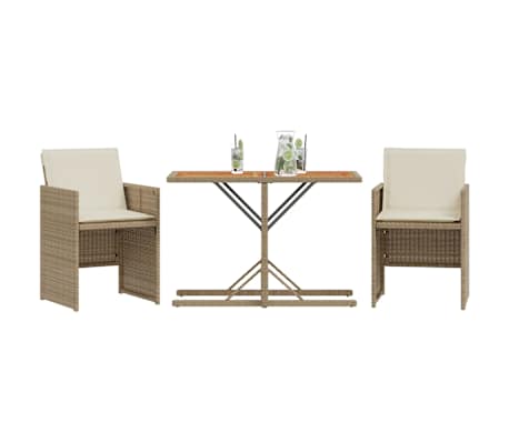 vidaXL 3-tlg. Bistro-Set mit Kissen Beige Poly Rattan