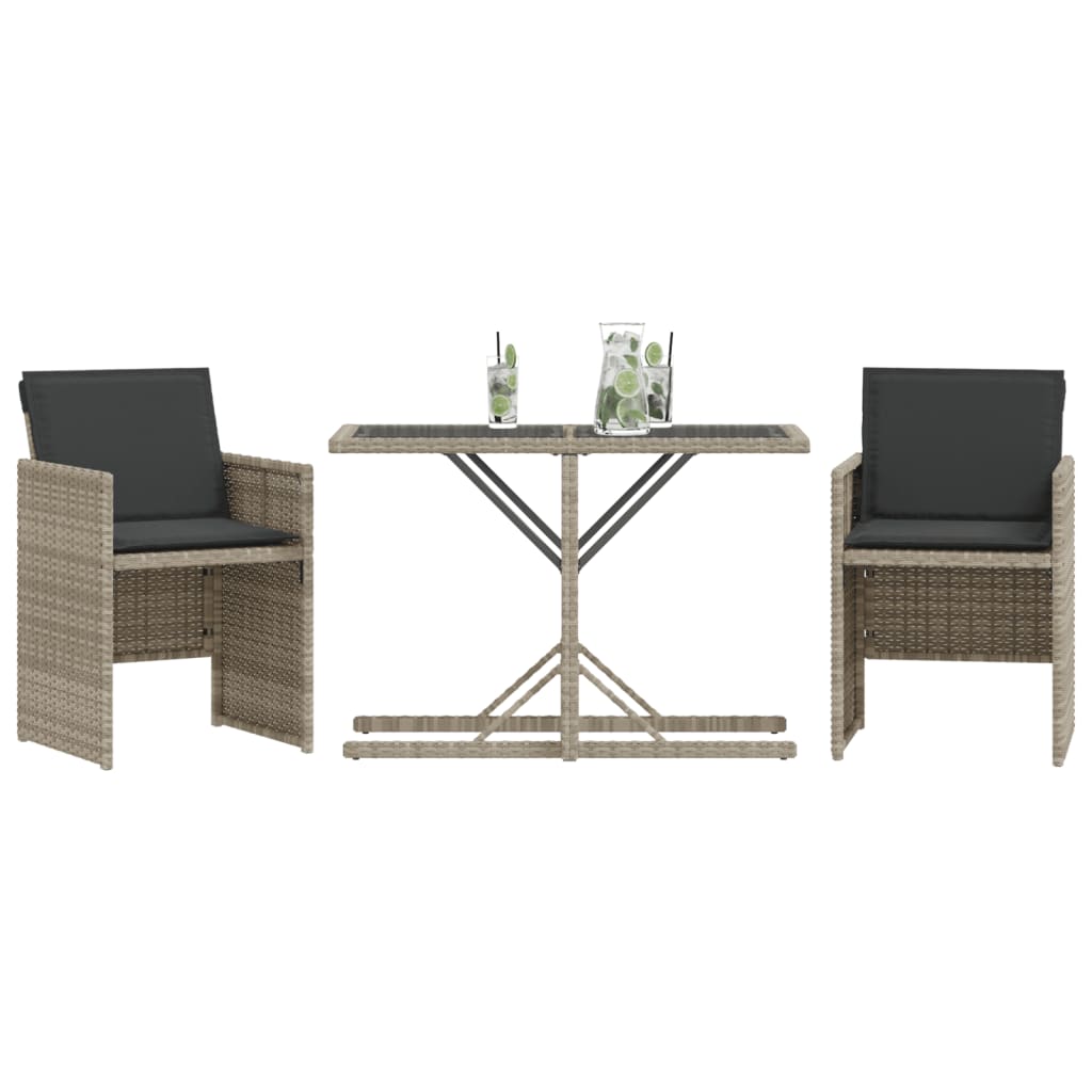 vidaXL 3-delige Bistroset met kussens poly rattan lichtgrijs