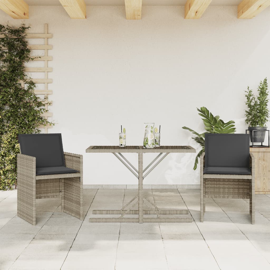 vidaXL Set bistro cu perne, 3 piese, gri deschis, poliratan