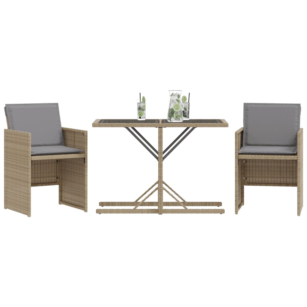 vidaXL 3-delige Bistroset met kussens poly rattan gemengd beige