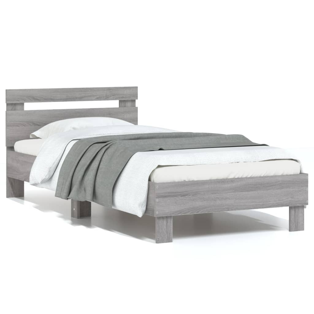 vidaXL Cadru de pat cu tăblie, gri sonoma, 90x200 cm, lemn prelucrat