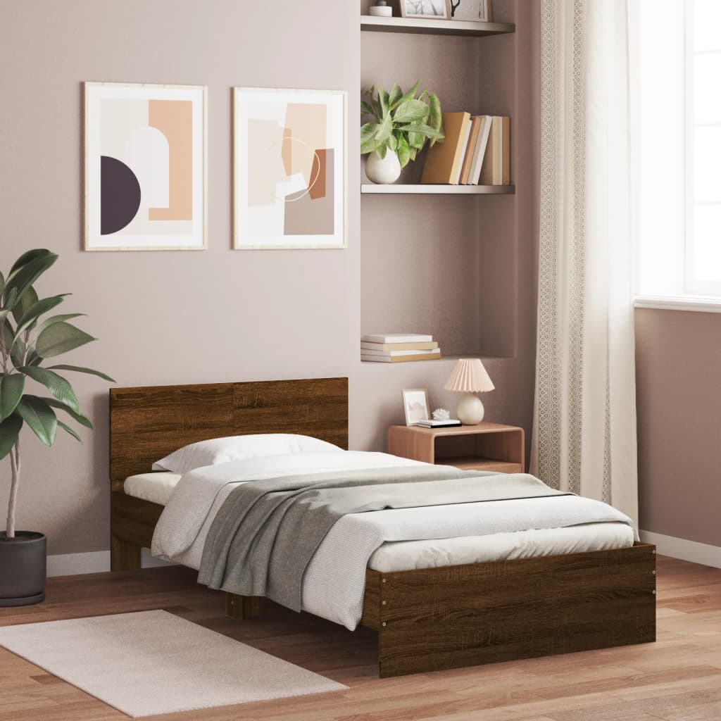 Photos - Bed VidaXL  Frame without Mattress with Headboard Brown Oak 100x200 cm 