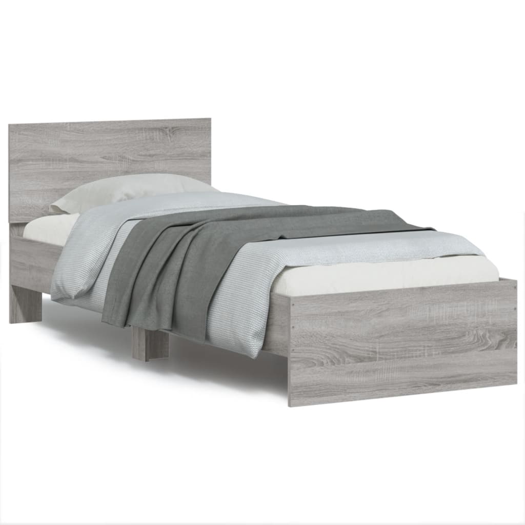 vidaXL Cadru de pat cu tăblie, gri sonoma, 90x200 cm, lemn prelucrat