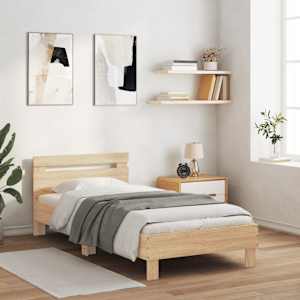 vidaXL Cadru de pat cu tăblie și LED, stejar sonoma, 100x200 cm