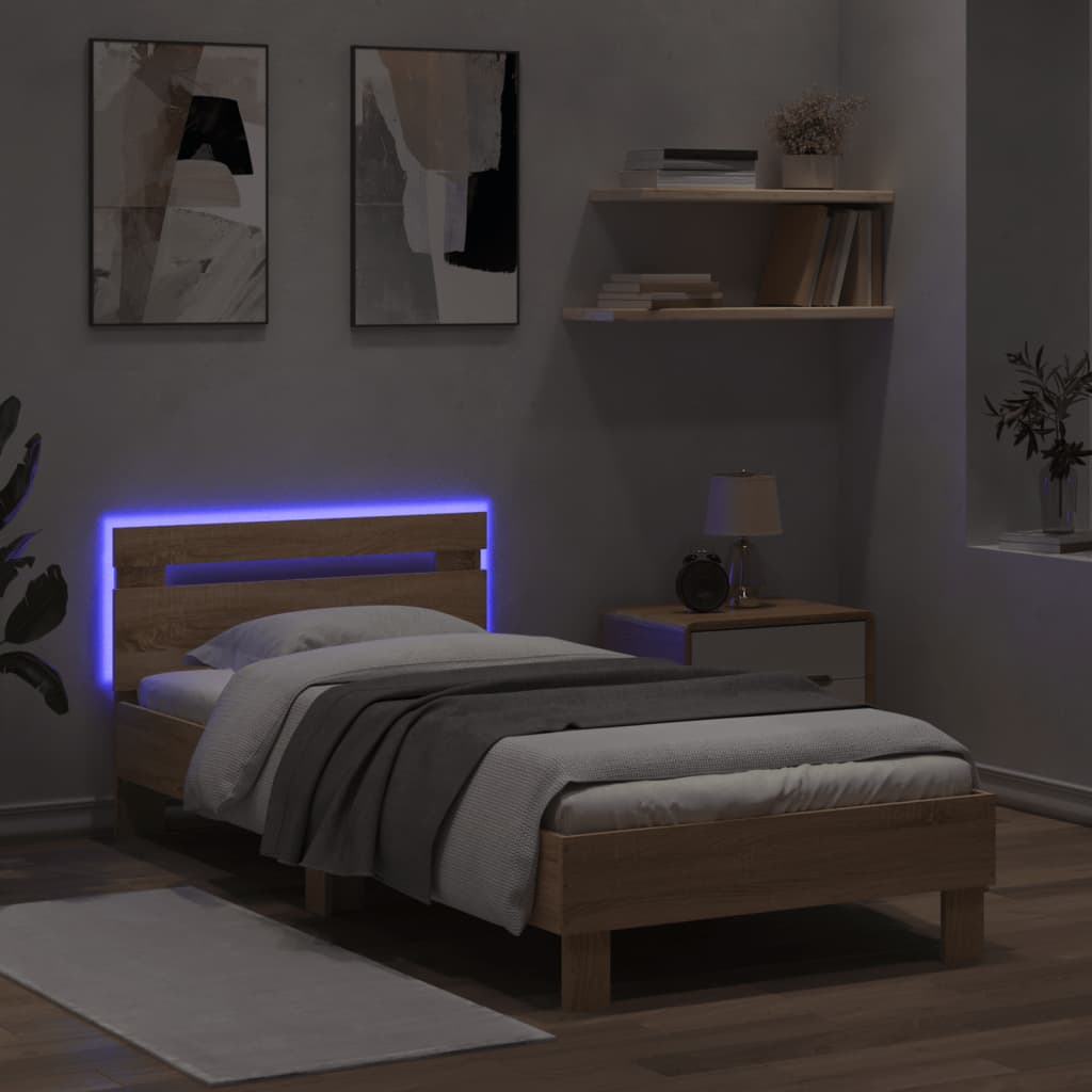 vidaXL Bedframe met hoofdbord en LED sonoma eikenkleurig 90x200 cm, foto 2