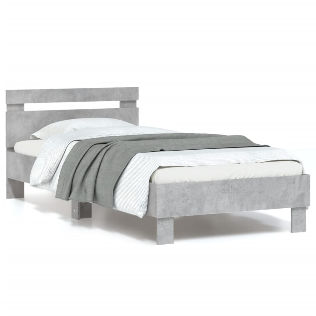 vidaXL Cadru de pat cu tăblie și lumini LED, gri beton, 90x200 cm