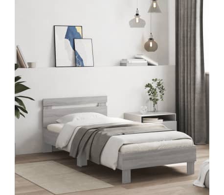 vidaXL Bettgestell mit Kopfteil und LED-Leuchten Grau Sonoma 90x200 cm