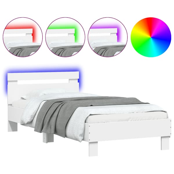 vidaXL voodiraam peatsi ja LED-tuledega, valge, 90 x 190 cm