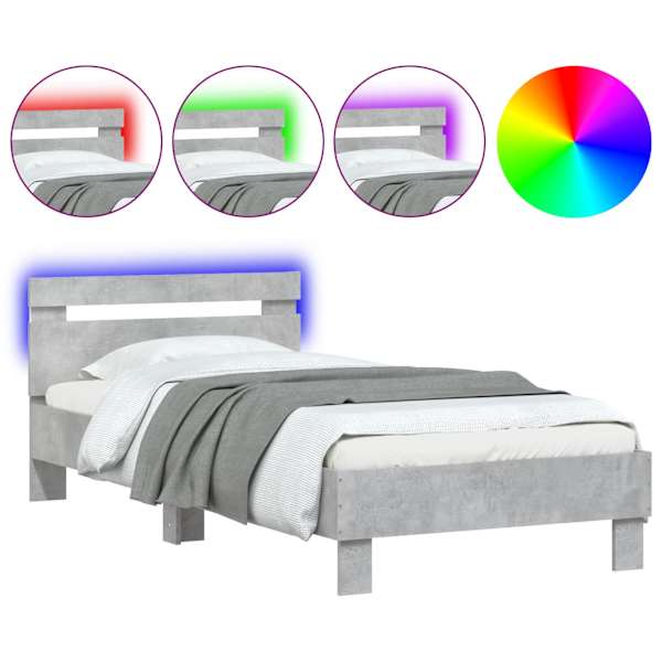 vidaXL voodiraam peatsi ja LED-tuledega, betoonhall, 90x190 cm