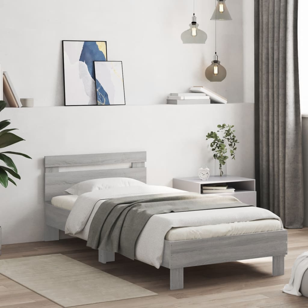 vidaXL Bedframe met hoofdbord en LED grijs sonoma eikenkleur 90x190 cm afbeelding